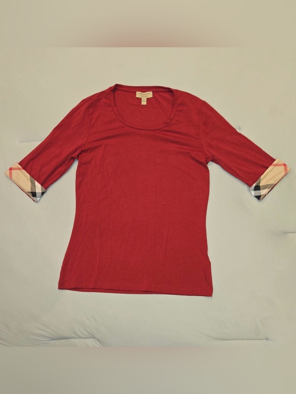 Burberry Red Scoop Neck Short Sleeve Top with Signature Plaid Cuffs - Picture 1 of 4